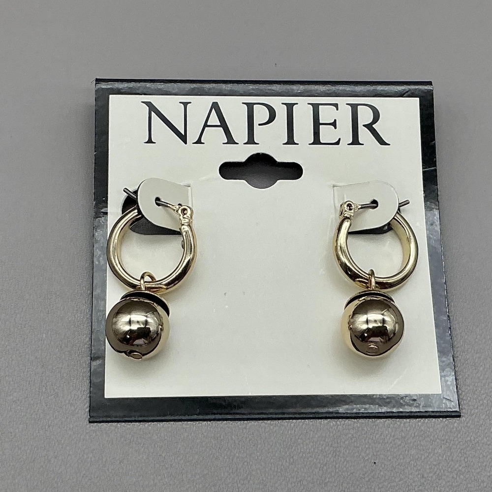 Napier Earrings Gold Tone Hoop Drop Ball Dangle Pierced Fashion Jewelry Womens